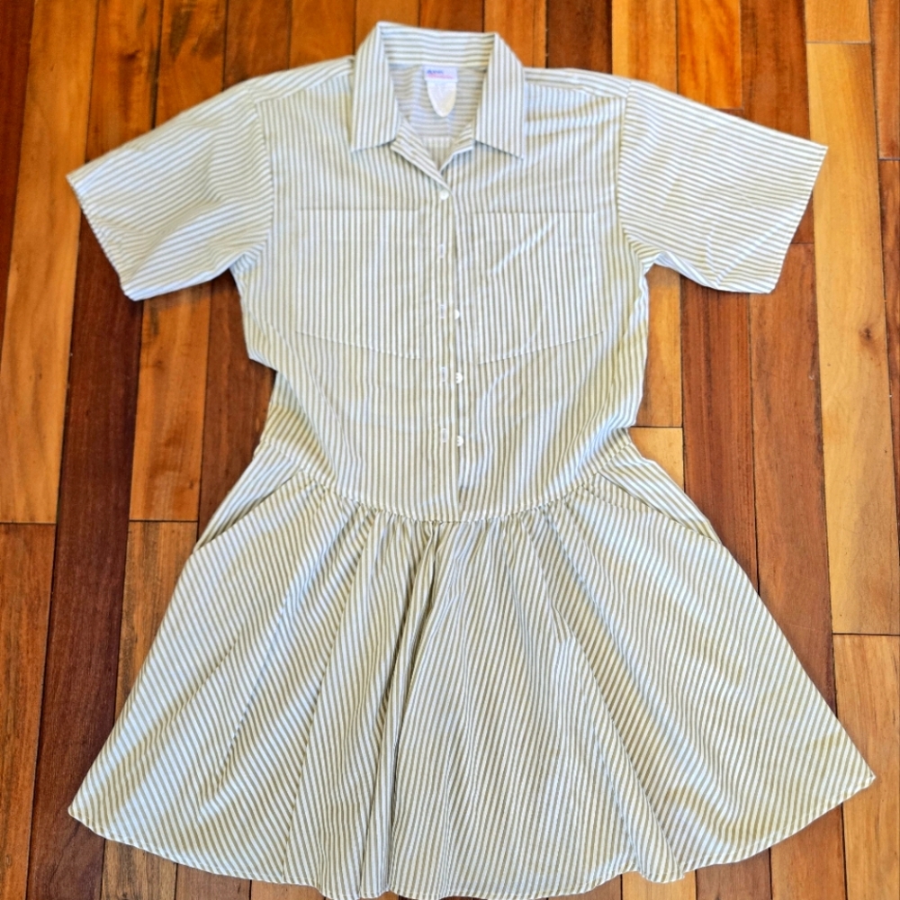 Vintage Avon Striped Tan and White Midi Dress Drop-Waist with Pockets Sz: 7/8
